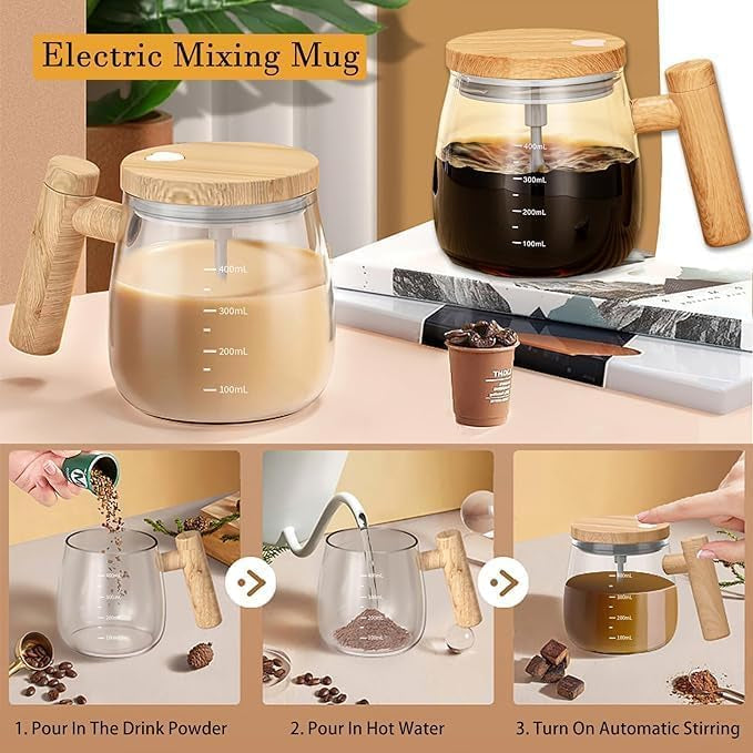 Self Stirring Coffee Mug, Glass Electric Self Mixing Cup with Lid & Handle, 400ml Auto Self Stirring Cup to Stir Coffee, Mixed Milk, Powder (400 ml)